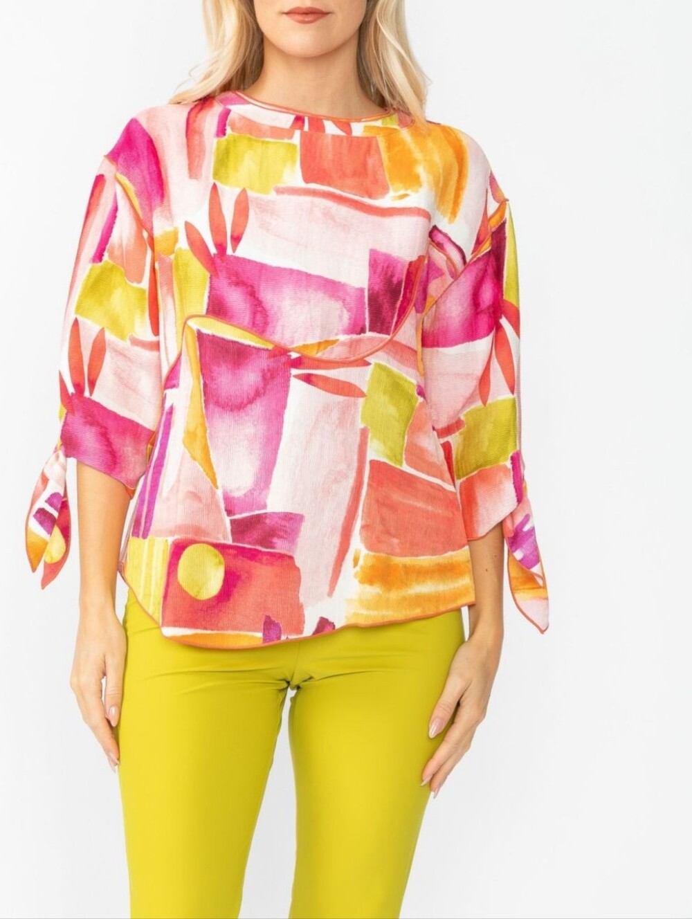 NWT IC COLLECTION Abstract Watercolor Blouse in Pink, Yellow & Orange Tunic XXL